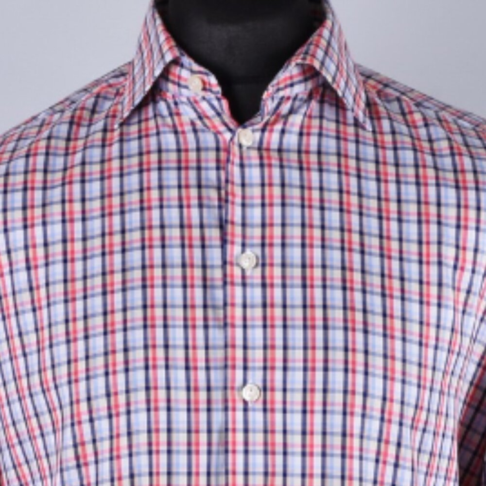 Eton Slim Fit Long Sleeve Button Down Red Blue Plaid Mens Shirt  size 16 neck